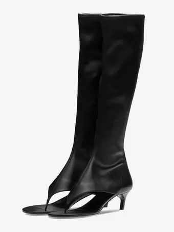 Bottes mi mollet noires pour femmes tongs a bout ouvert bottes sandales elastiques a talon chaton