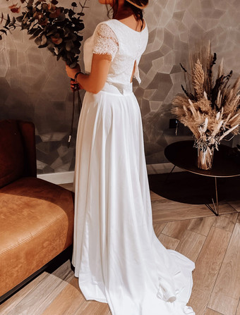 ツーピース ウェディングドレス サテン生地 レース ジュエルネック ツーピース バックレス 半袖 アイボリー