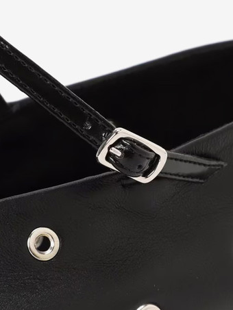 レディース バレエフラット ブラック ラウンドトゥ カットアウト バックル ストラップ フラットシューズ