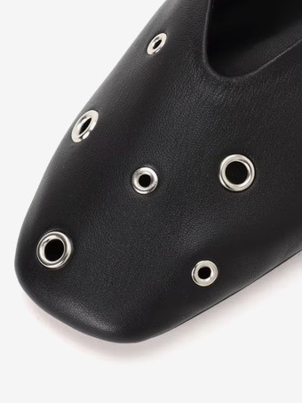 レディース バレエフラット ブラック ラウンドトゥ カットアウト バックル ストラップ フラットシューズ