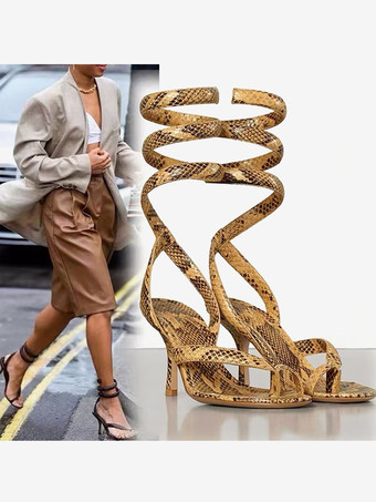 Sandalias de tacón para mujer con tiras en los dedos y tacón alto con diseño de serpiente
