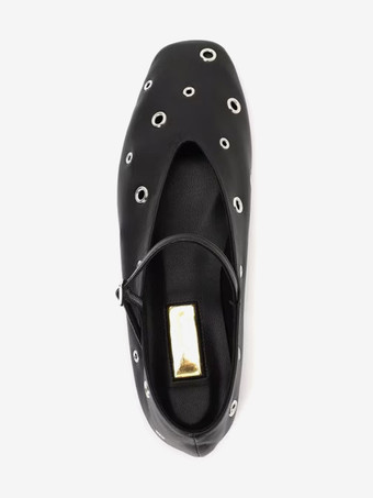 レディース バレエフラット ブラック ラウンドトゥ カットアウト バックル ストラップ フラットシューズ