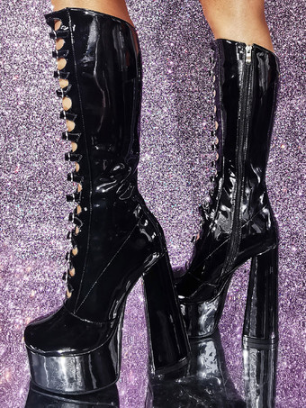 ピンク ニーハイ ブーツ パテント PU アッパー プラットフォーム チャンキー ヒール バックル ディテール セクシー ブーツ