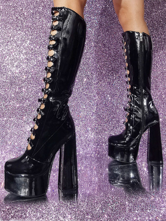 ピンク ニーハイ ブーツ パテント PU アッパー プラットフォーム チャンキー ヒール バックル ディテール セクシー ブーツ