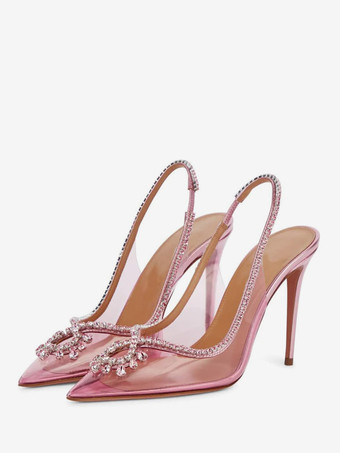 Sapatos de baile femininos rosa bico fino strass estilingue bombas de salto alto