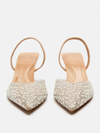 スティレットヒール ポインテッドトゥ ミッドローヒール ラインストーン 女性用 ホワイト