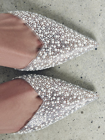 スティレットヒール ポインテッドトゥ ミッドローヒール ラインストーン 女性用 ホワイト