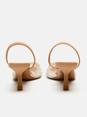 スティレットヒール ポインテッドトゥ ミッドローヒール ラインストーン 女性用 ホワイト