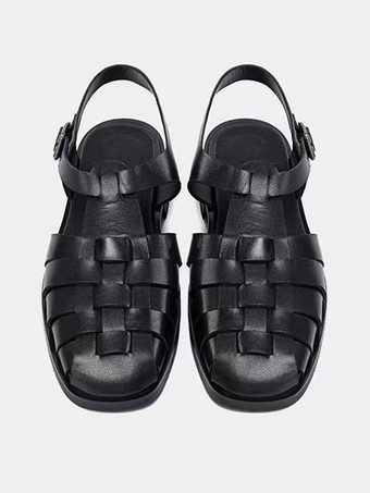 レトロローマスタイル クローズドトゥサンダル バックル 本革 ニット メンズシューズ 夏