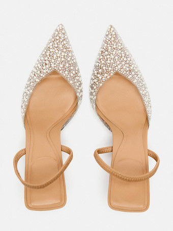 スティレットヒール ポインテッドトゥ ミッドローヒール ラインストーン 女性用 ホワイト