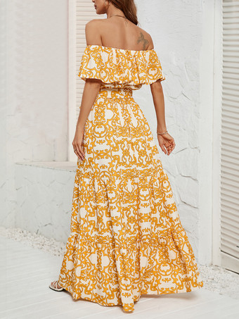 プリントドレス オフショルダー ベルト付き バックレス ティアード カジュアル サマー マキシドレス