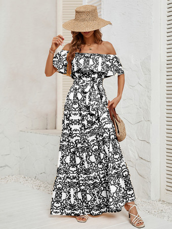 ブラック プリントドレス オフショルダー ベルト付き バックレス ティアード カジュアル サマー マキシドレス