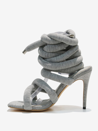 女性のためのグレーのハイヒール サンダル レースアップ グラディエーター サンダル