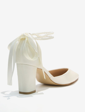 ホワイトウェディングシューズ ブロックヒール パール ポインテッドトゥ ブライダルパンプス