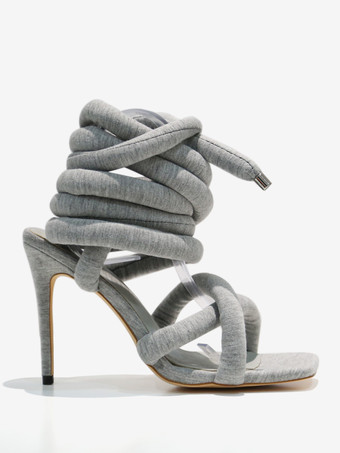 女性のためのグレーのハイヒール サンダル レースアップ グラディエーター サンダル