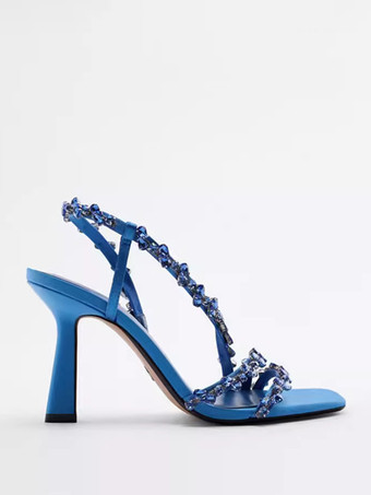 ハイヒールサンダル ブルー PUレザー ビーズ付き プロムシューズ レディース ホームカミングシューズ