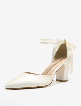 ホワイトウェディングシューズ ブロックヒール パール ポインテッドトゥ ブライダルパンプス