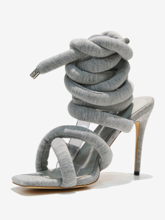 女性のためのグレーのハイヒール サンダル レースアップ グラディエーター サンダル