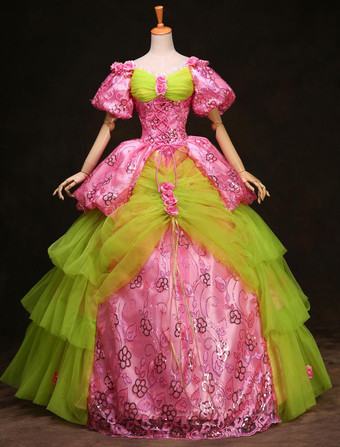 レトロ服　ヴィンテージファッション　コスチューム　ドレス　ピンク　半袖　大人用　ロココ調　女性用　合成繊維　 ハロウィン