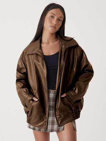 ブラウン コーヒーブラウンジャケット PUレザーポケット ジッパー カジュアルジャケット