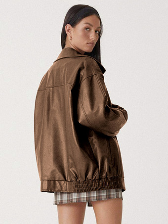 コーヒーブラウンジャケット PUレザーポケット ジッパー カジュアルジャケット