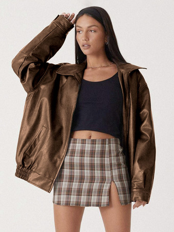 コーヒーブラウンジャケット PUレザーポケット ジッパー カジュアルジャケット