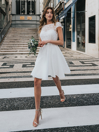 ショートウェディングドレス スクエアネック 半袖 Aライン 膝丈 ブライダルドレス