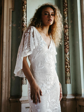 アイボリーアイボリーボヘミアンウェディングドレスレースマーメイドスイープウエストバックレス半袖 V ネックブライダルドレス無料カスタマイズ