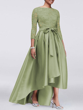 セージグリーン母の花嫁のパーティードレスジュエルネックレーススリーブAラインサテンサッシュウェディングゲストドレス無料カスタマイズ