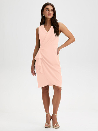 Soft PinkParty Dress For Mother Of The Bride V-Neck Sleeveless Short Ruffles Knee-Length Wedding Guest Dresses