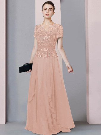 サーモンピンクブライダルマザードレス Vネック半袖Aラインレース床長さの結婚式のゲストドレス無料カスタマイズ