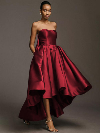 バーガンディーブライドメイドドレス サテン生地 Aライン マキシレングス ウェディングパーティードレス