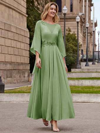 セージグリーン花嫁の母親のためのパーティードレス ジュエルネック ハーフスリーブ Aライン 足首丈 ウェディングゲストドレス