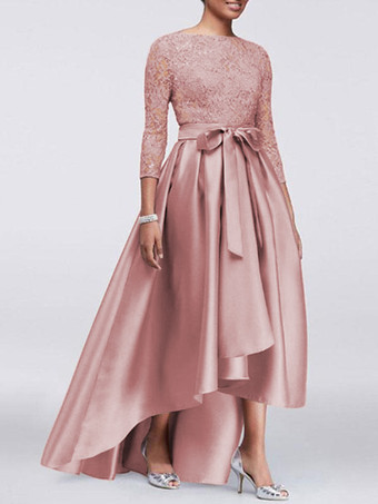 サーモンピンク母の花嫁のパーティードレスジュエルネックレーススリーブAラインサテンサッシュウェディングゲストドレス無料カスタマイズ