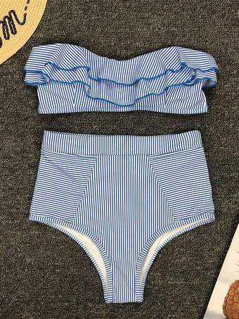 女性用ツーピース水着 ダークネイビー ストライプ フリル バトーネック ウエスト上げ 夏用ビーチ水着