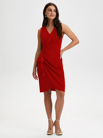 red Party Dress For Mother Of The Bride V-Neck Sleeveless Short Ruffles Knee-Length Wedding Guest Dresses