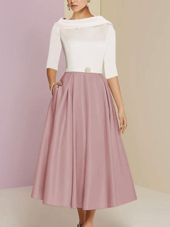 サーモンピンクマザードレス バトーネック 7分袖 Aライン サッシュ アンクル丈 ウェディングゲストドレス 無料カスタマイズ