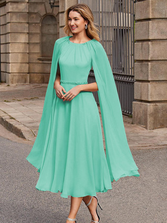 ブルーグリーンブライダルマザードレス ジュエルネック ノースリーブ ショートサッシュ ゲストドレス 結婚式用