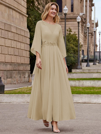 シャンパン花嫁の母親のためのパーティードレス ジュエルネック ハーフスリーブ Aライン 足首丈 ウェディングゲストドレス