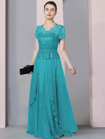 シアンブライダルマザードレス Vネック半袖Aラインレース床長さの結婚式のゲストドレス無料カスタマイズ