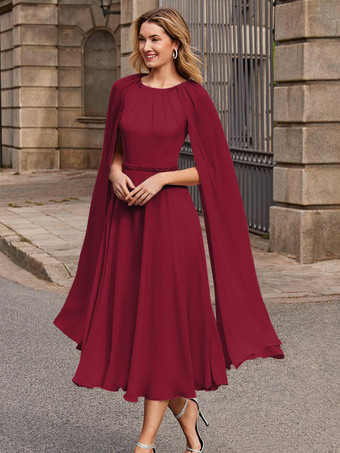 バーガンディーブライダルマザードレス ジュエルネック ノースリーブ ショートサッシュ ゲストドレス 結婚式用