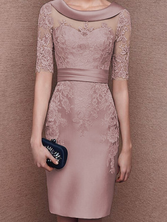 カメオピンクブライダルマザードレスジュエルネックハーフスリーブレースティーレングスシースゲストドレス結婚式用無料カスタマイズ