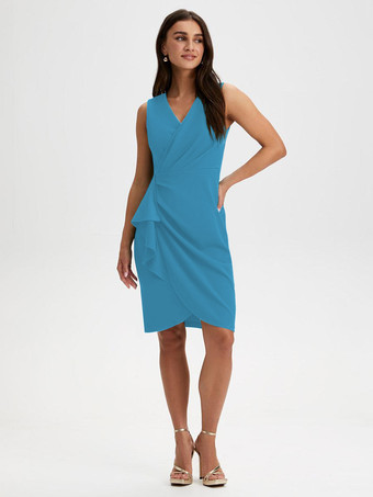 CyanParty Dress For Mother Of The Bride V-Neck Sleeveless Short Ruffles Knee-Length Wedding Guest Dresses