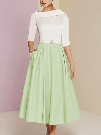 パステルグリーンマザードレス バトーネック 7分袖 Aライン サッシュ アンクル丈 ウェディングゲストドレス 無料カスタマイズ