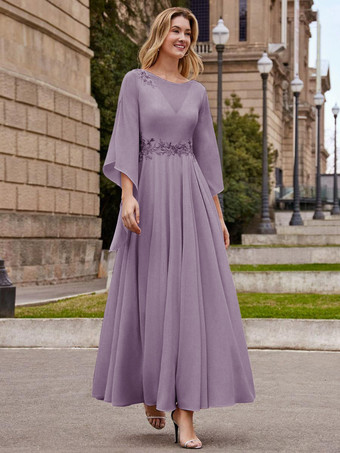 ラベンダー花嫁の母親のためのパーティードレス ジュエルネック ハーフスリーブ Aライン 足首丈 ウェディングゲストドレス