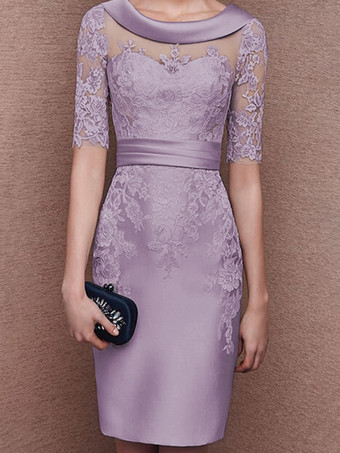 ラベンダーブライダルマザードレスジュエルネックハーフスリーブレースティーレングスシースゲストドレス結婚式用無料カスタマイズ