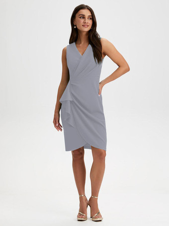 Blue GrayParty Dress For Mother Of The Bride V-Neck Sleeveless Short Ruffles Knee-Length Wedding Guest Dresses