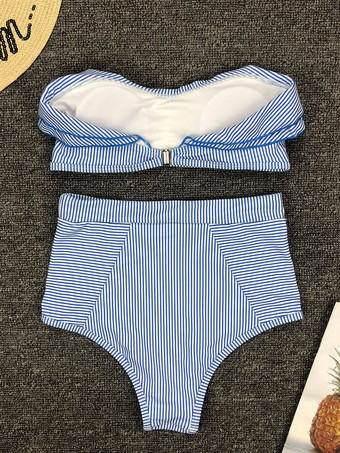 女性用ツーピース水着 ダークネイビー ストライプ フリル バトーネック ウエスト上げ 夏用ビーチ水着