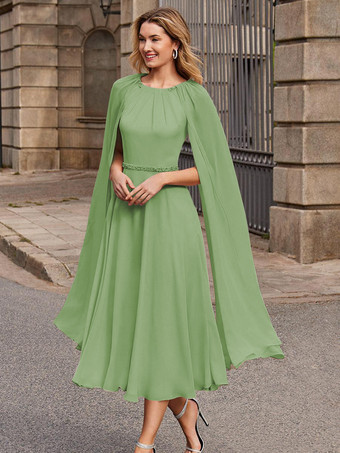 セージグリーンブライダルマザードレス ジュエルネック ノースリーブ ショートサッシュ ゲストドレス 結婚式用