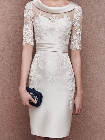 アイボリーブライダルマザードレスジュエルネックハーフスリーブレースティーレングスシースゲストドレス結婚式用無料カスタマイズ